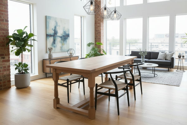 Sussex Fine Oak refectory Table in a modern London apartment with modern black chairs