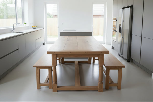 Sussex Fine oak refectory table  with handmade oak benches in a modern kitchen