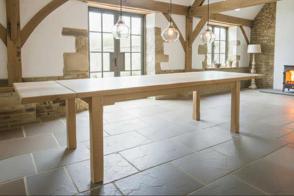 An early English inspired design of oak extending boarded refectory dining table with visible wood grain and chamfered legs, extended with leaves.