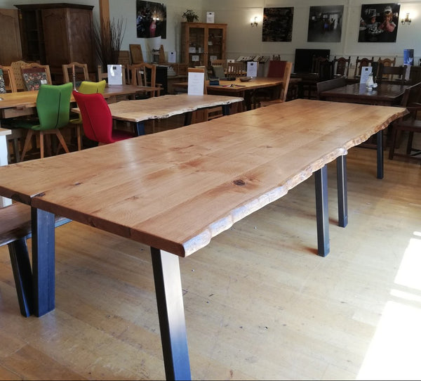 2 Live edge oak tables on steel bases commissioned for Sedlescombe biodynamic vineyard 