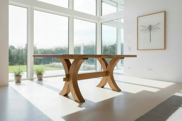 Handmade Moselle oak table with a flush layup top to show a more contemporary version in light airy room with artwork of a dragonfly on the wall
