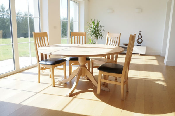Round oak pedestal dining table in a sunny dining room