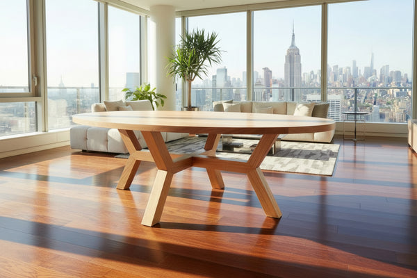 Contemporary Angled dining table Oval top in a New York penthouse apartment