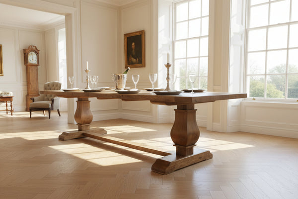 Handmade large twin baluster oak dining table in  bright and airy London townhouse